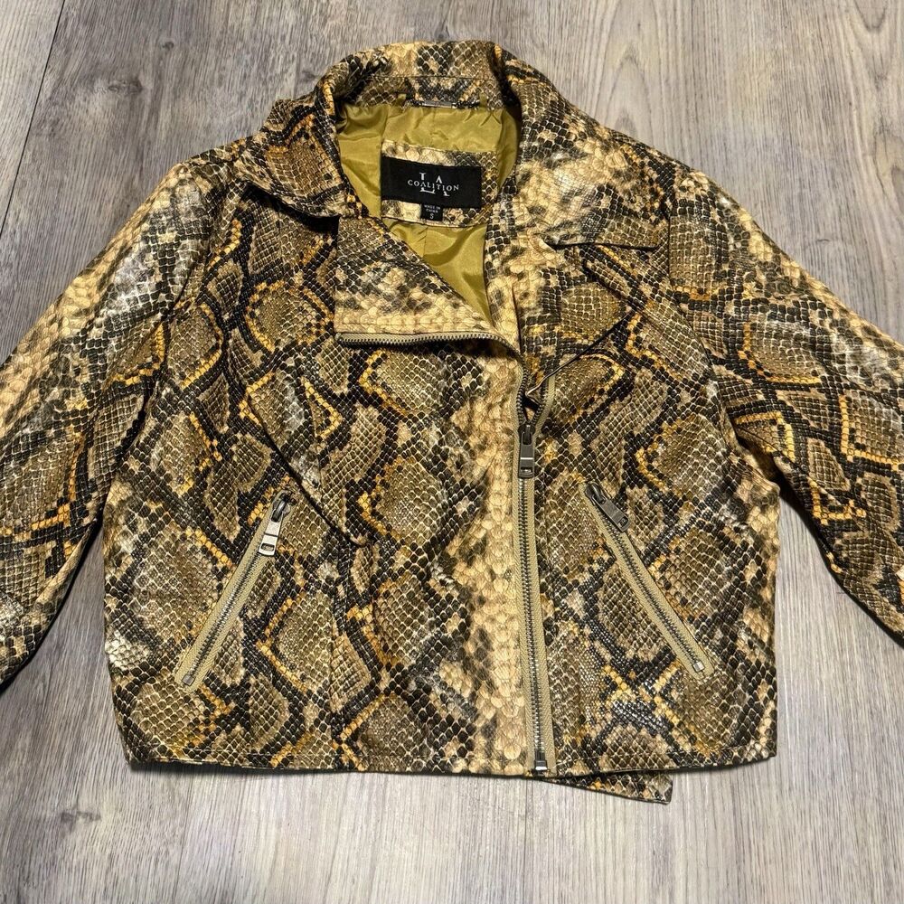 LA Coalition Vegan Leather Snakeskin Print Cropped Moto Jacket Y2K Biker Club S